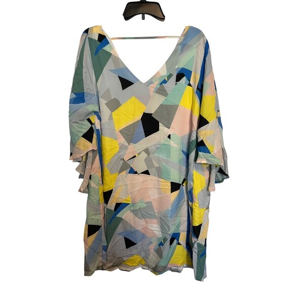 Geometric Print V-Neck Dress With Ruffled Sleeves Catherine Malandrino XL Polyes - Picture 1 of 4